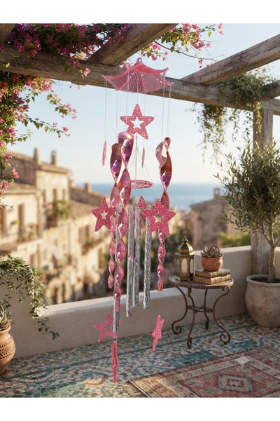 Dekor köşesi Pembe Yıldız ve Spiral Detaylı Tasarım Rüzgar Çanı / Balkon Bahç...