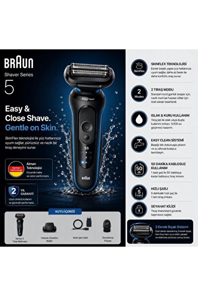 Braun Series 5 Mavi Elektrikli Tıraş Makinesi, Islak ve Kuru Kullanım, Kablos...