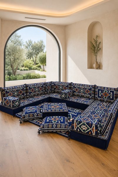 FEYZA DECOR HOME Selçuklu Lacivert Kilim Desenli 20 cm Yüksek Şark Köşesi Takımı