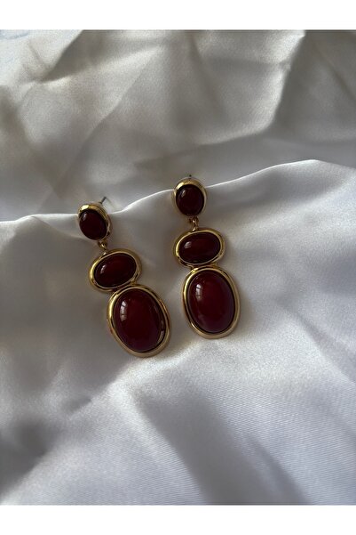 Home Kadın Gold Bordo Renk Oval Taş Detaylı Vintage Model Küpe