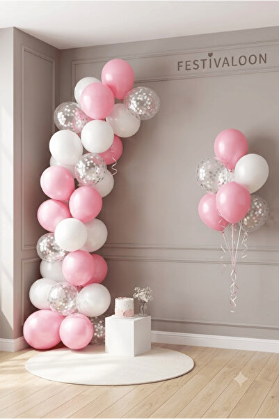 FESTİVALOON 20’li Pembe Beyaz Gümüş Konfetili Şeffaf Balon Seti 11 İnç Doğum ...