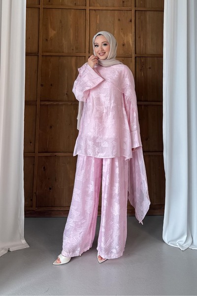 Rimel Moda Çiçek Desenli Şal Yaka Takım Pembe