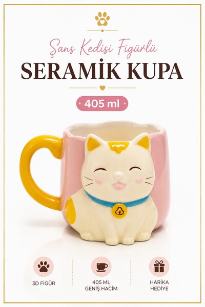 Rosie Sarı Kuyruk Detaylı Kulp, Pembe 3D Kedi Figürlü Kupa 405 ml