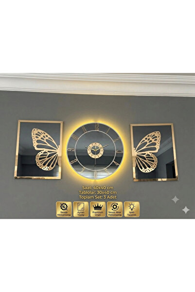 Ronson LED Işıklı Aynalı Kelebek Duvar Tablo ve Saat Seti 3'lü | Gold Çerçeve...
