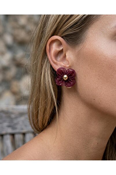 ILSA Burgundy Organza Tulle Flower Gold Color Plated Earrings