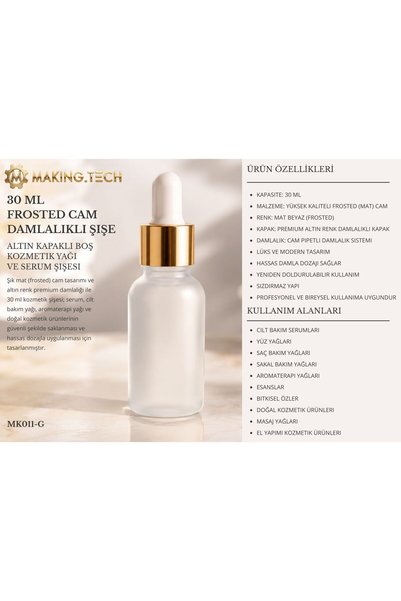 HORECA MARKET 30ml Frosted Glass Dropper Bottle – Empty Cosmetic Oil and Serum Bottle with Gold Cap