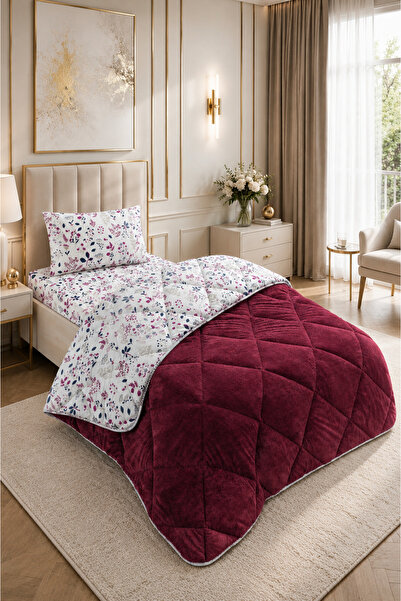 ÇARŞAF DÜNYASI Colorful Patterned Single Duvet with Plush Double-Sided Pillow...