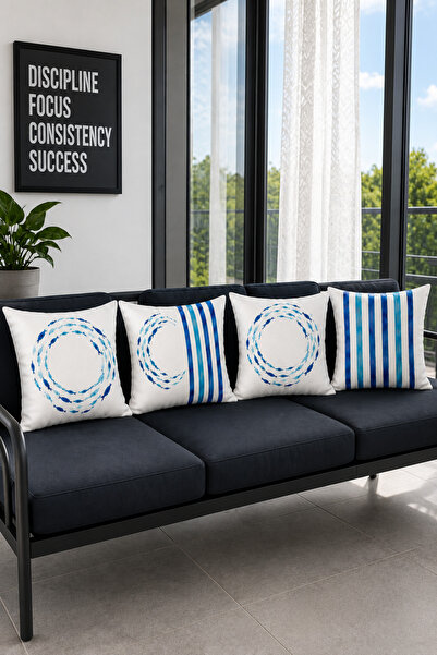 Bebişim Halı Blue Fish Wreathed and Striped Marine Decorative Throw Pillow Co...