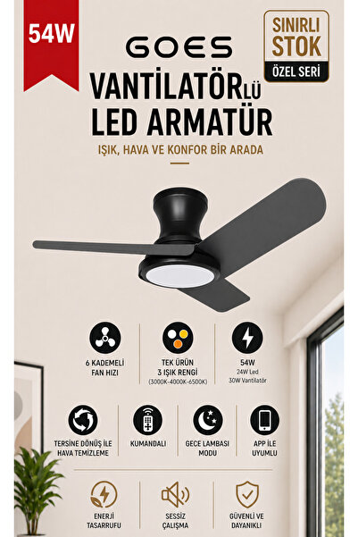 Goes LED Işıklı Tavan Vantilatörü Avize Armatür 80CM 54W 6 Hız Kademeli Kuman...