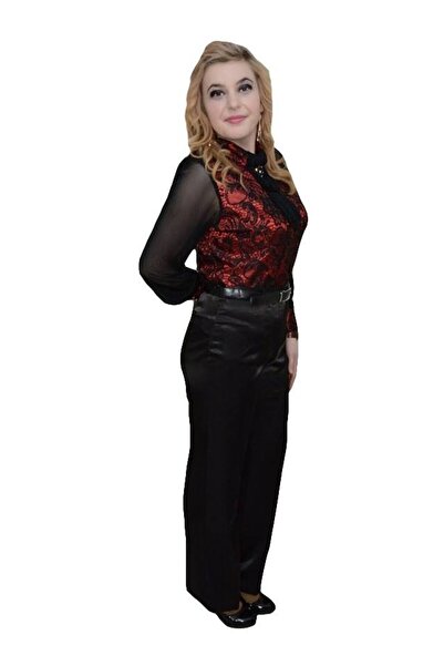 OEM Pantalon usor lucios, talie inalta, nuanta de negru, curea clasica