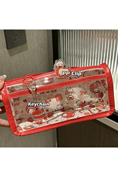 Choice1 Bag Clip Keychain Kawaii Cat Transparent Pencil Case Multi-layer Larg...