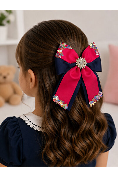 Bymiel Large Bow Pearl Stone Detailed Hair Clip with Automatic Clip