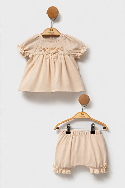 Csp Cassiope Linen Floral Embroidered Bow Summer Girls' Baby Two-Piece Set