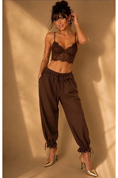 Be Best Women's Brown Ruffled Cuffed Lace-Up Trousers Be487