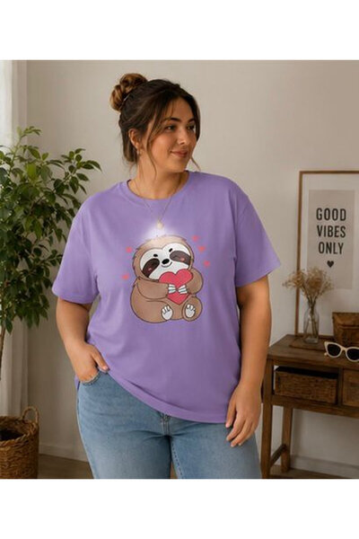 3S MODA Women's Plus Size Basic Sloth Digital Printed T-Shirt