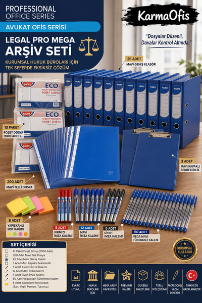 KarmaOfis Avukat Ofis Serisi Mega Mavi Arşiv Seti | 10 Paket Poşet Dosya + 20...