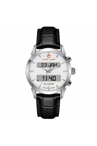 ALFAJR ALAZAN Al-Fajr Azan Watch Black Leather Dual Time Silver with White Cr...