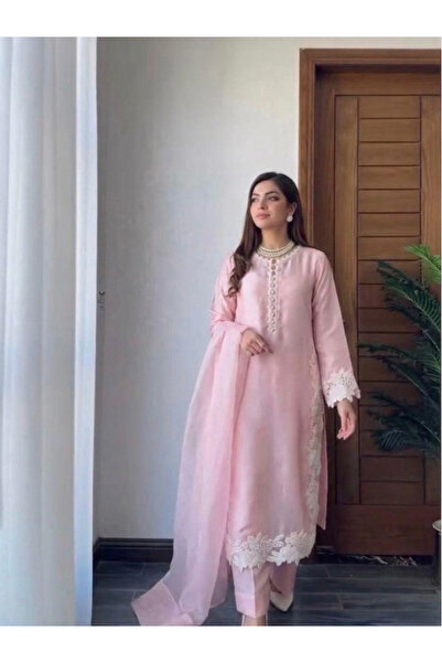 MYSMAR Pink Heavy Natural Silk Embroidered Palazzo Suit Set - HRT9248 | Pink-...