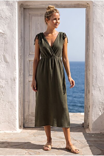 Chiccy Khaki Double-Breasted Collar Sleeveless Robe with Elastic Shoulder Gat...