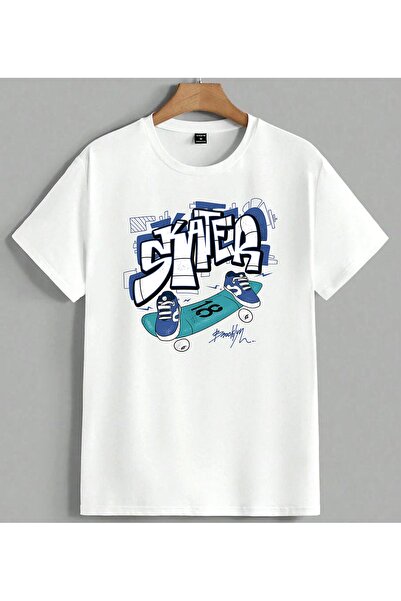 ELFERA Graffiti Art Skateboard Printed Unisex Oversize T-Shirt White