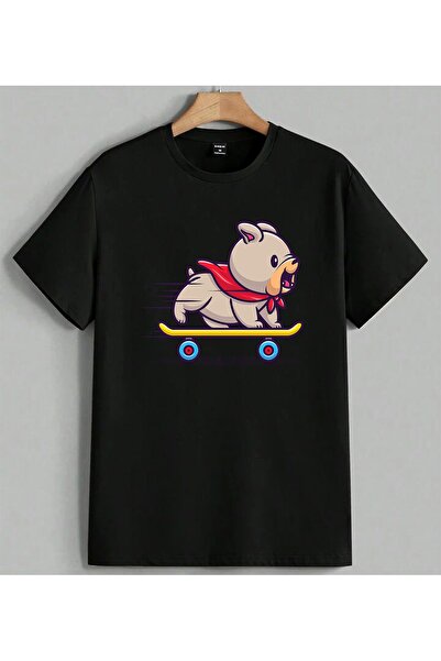 ELFERA Kopek Kahraman Skateboard Hiz Printed Unisex Oversize T-Shirt Black