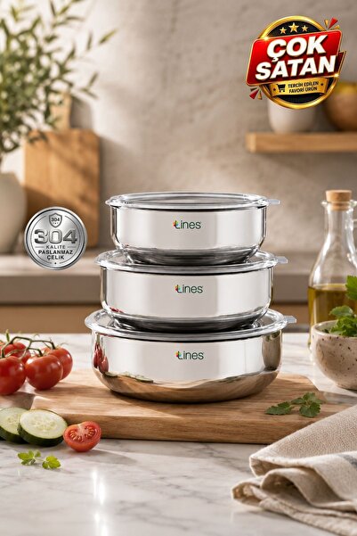 Lines Silver Çelik 6 Parça Saklama Kabı Paslanmaz Çelik Saklama Kabı 3'lü Set...