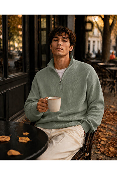 oneoff Men's Premium Half-Zip Ribbed Knit Sweater