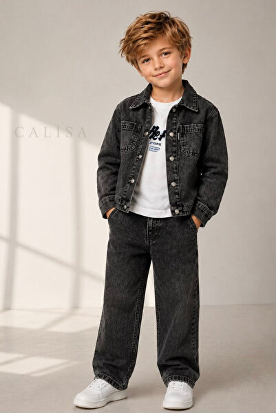 CALİSA Boy's 3-Piece Black Denim Set - Jacket, Printed T-Shirt and Jeans Comb...