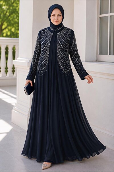 TRENDTESETTÜR KADIN LACİVERT TAŞ İŞLEMELİ ŞİFON ABİYE ELBİSE T 9431