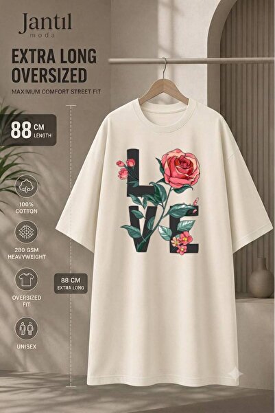 JANTIL MODA Crew Neck Black Lettered and Rose Motif Love Written Extra Long O...