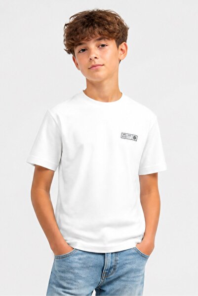 Onadime Kids Boy Crew Neck Short Sleeve Brand Logo T-Shirt, White