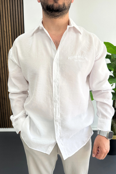 Edwox Men's Relaxed Fit Shirt with Embroidery Detail White Edw495