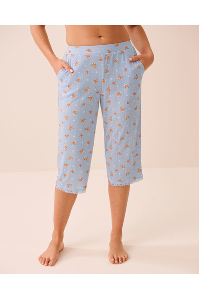 La Vie en Rose Peach Print Lace Trim Pointelle Pajama Capris