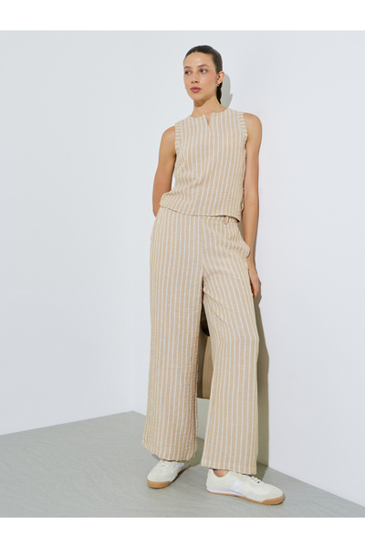 Styli Beige Striped Wide Leg Trousers