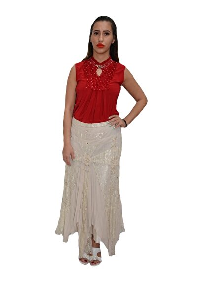 OEM Fusta lunga, eleganta, de culoare bej, cu insertii de broderie