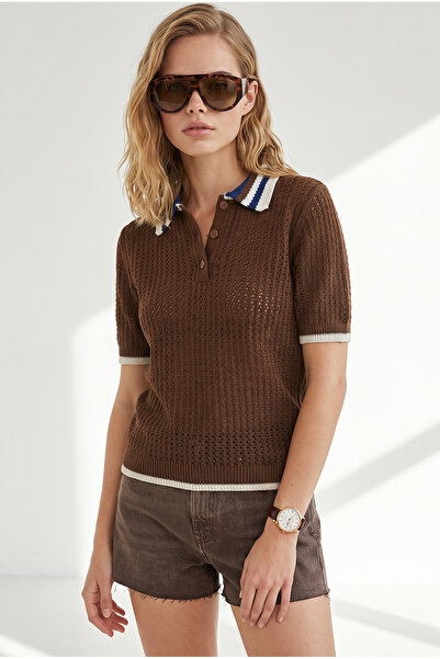 Olalook Women's Brown Openwork Collar Color Detailed Knitwear Blouse Blz-1900...