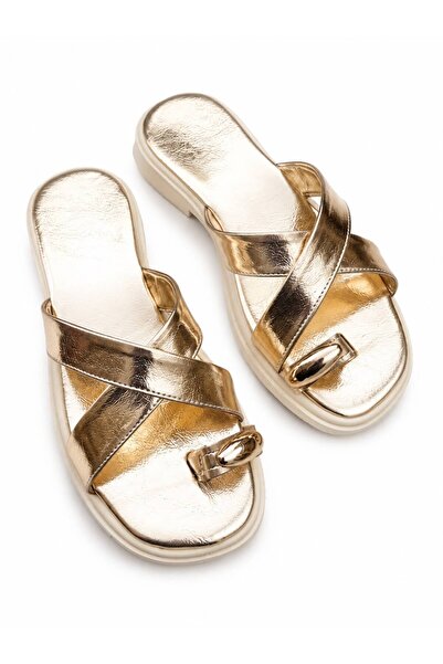 GNY AYAKKABI Gny Women's Gold Cross-Strapped Gold Buckle Slippers Daily Comfo...