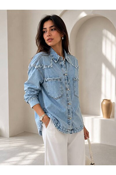 Nura Boutique Püskül Detaylı Oversize Kot Gölek Ceket Jean