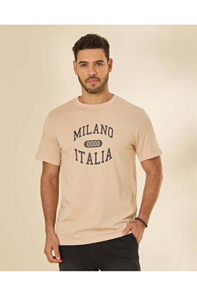 REDTAG Men Beige Milano Italia Graphic T-Shirt