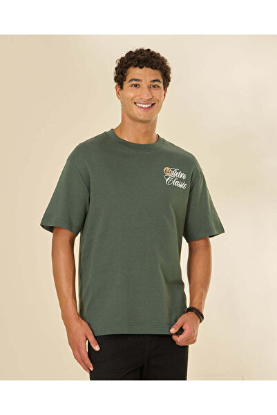 REDTAG Men Dark Green Terry Drop Shoulder Printed T-Shirt