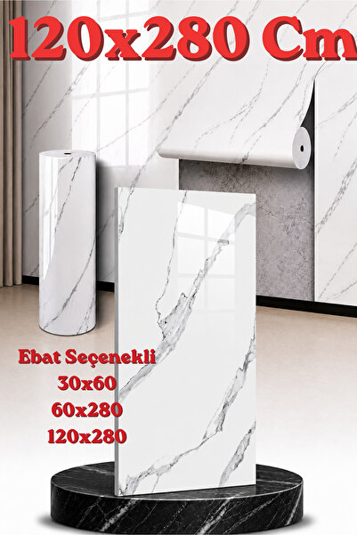 UKAB DEKOR 120x280 Cm Beden Seçenekli Parlak Beyaz Mermer Desenli Yapışkanlı ...