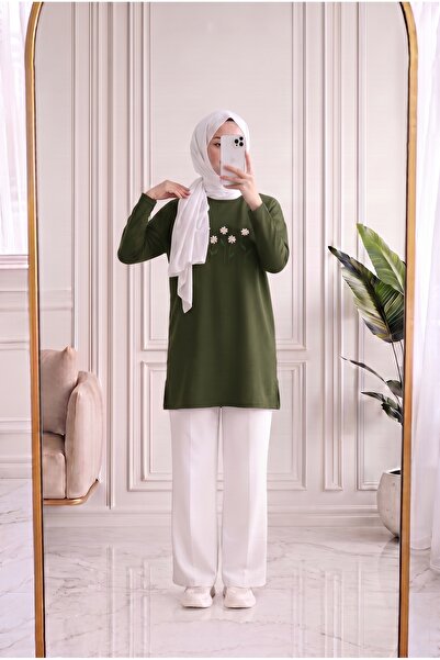 MİHRA STORE Laleay Elegantna bluza sa 5 izvezenih tratinčica-SS13148 kaki