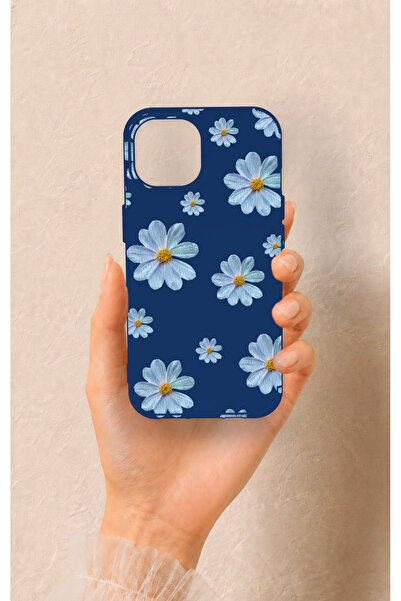 Vip Case iPhone 15 Uyumlu Mavi Papatya Desenli Silikon Kılıf