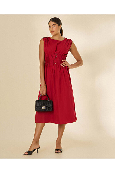REDTAG Women Red Pintuck Waist Midi Dress