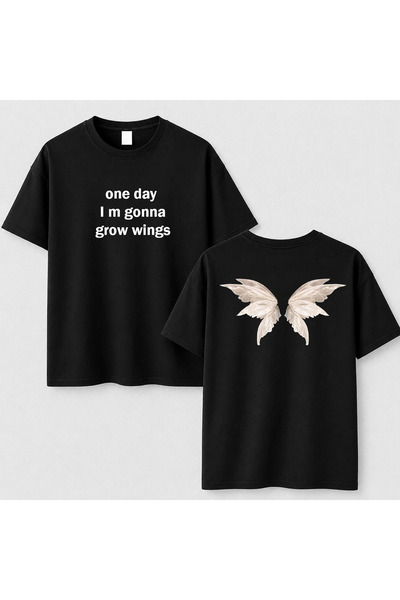 cesita Angel Wing Printed Cotton Black T-Shirt