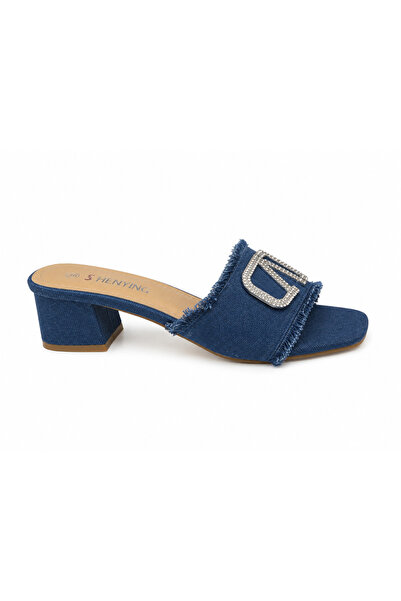 Eloré Denim Spark Crystal Block Heel Mules