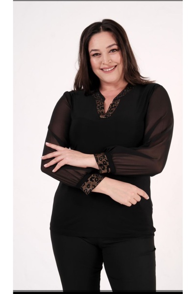 PARKDERİN Plus Size, Chiffon Sleeves, Stone Decorated Collar and Sleeves, Bluz