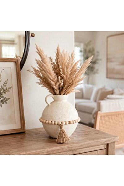 Warehouse Bohemian decorative vase with handle and wooden beads