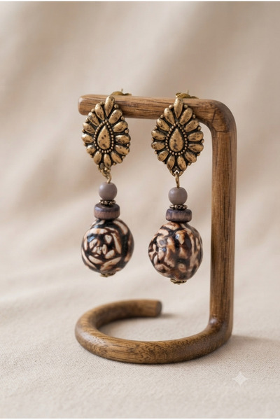 ZGNOVA Handmade Brown Ball Ceramic and Brass Apparatus Earrings