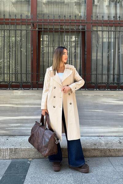 Moda Days معطف نسائي بيج طويل بحزام وياقة مزدوجة الأزرار وجيوب